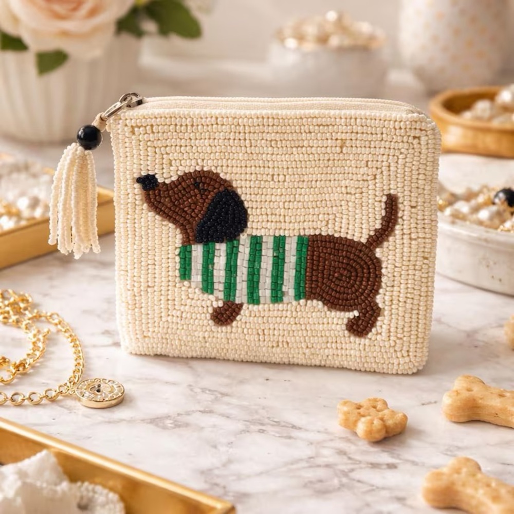 Beaded Cream Dachshund Coin Purse with Green Stripe Sweater